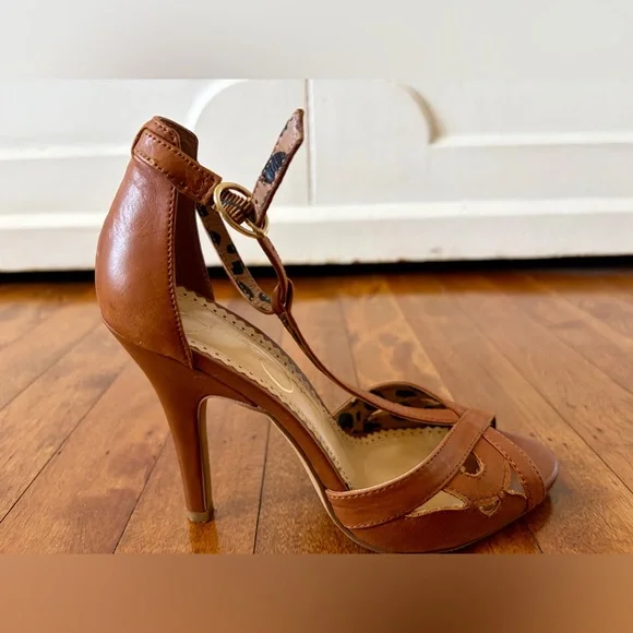 Jessica Simpson Jeraldine Elegant Brown Leather Open Toe Heels Women’s Size 5.5M - Picture 4 of 10